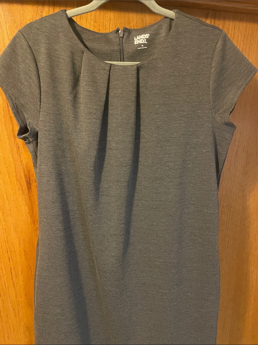Lands' End Charcoal Gray Short-Sleeve Ponte Dress with Front Pleat L86